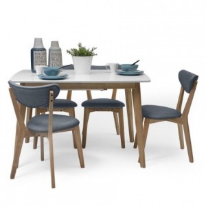 Conjunto de comedor de diseño nórdico MELAKA mesa extensible blanca y 4 sillas tapizadas