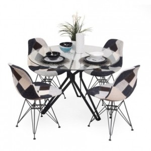 Conjunto de comedor ERICA BAUHAUS mesa de cristal y estructura de metal negro y sillas tapizadas en tela patchwork