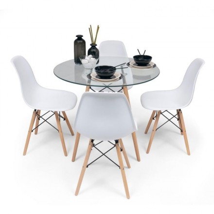 Conjunto de comedor TOWER CRISTAL mesa de cristal redonda de 90 cm y 4 sillas MAX TOWER