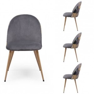 Pack de 4 sillas MADEIRA tela velvet color gris oscuro o claro y tela con detalles florales y patas de metal acabado madera