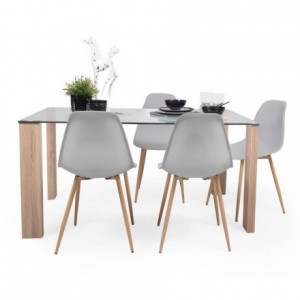 Conjunto de comedor ROSSET NORDIC mesa de cristal de 140x90 cm y 4 sillas nórdicas