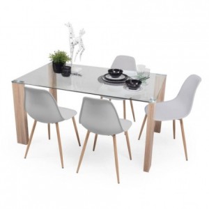 Conjunto de comedor ROSSET NORDIC mesa de cristal de 140x90 cm y 4 sillas nórdicas