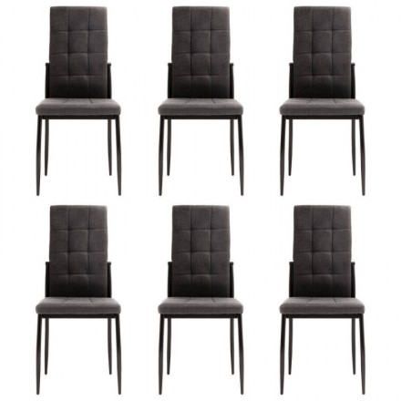 Pack de 6 sillas de comedor ELEOS, tapizadas en tela gris oscuro con capitoné con patas metálicas en negro