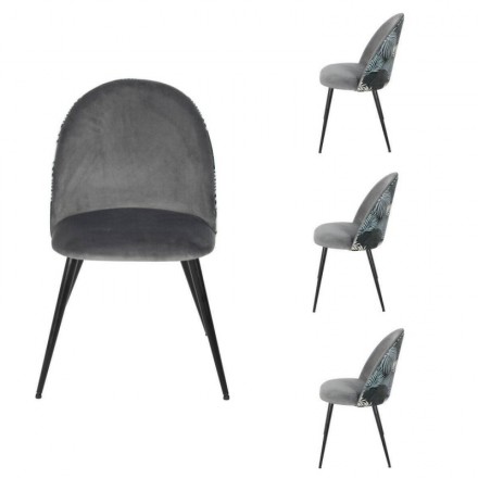 Pack de 4 sillas MADEIRA tela velvet color gris oscuro y tela con detalles florales y patas de metal color negro.