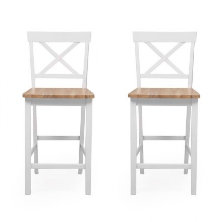 Pack de 2 taburetes altos LEYA madera lacada en color blanco mate con asiento en color roble