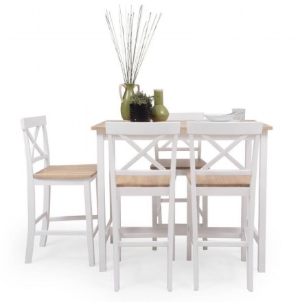 Conjunto PADDY-LEYA Mesa alta de cocina + 4 taburetes lacado blanco. Tapa en color Roble.